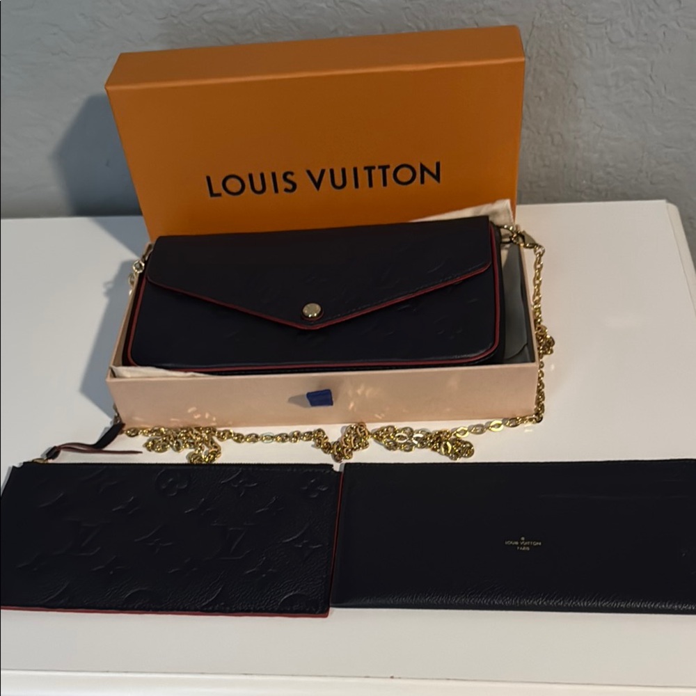 Louis Vuitton Felicie Pochette Navy with Gold Chain